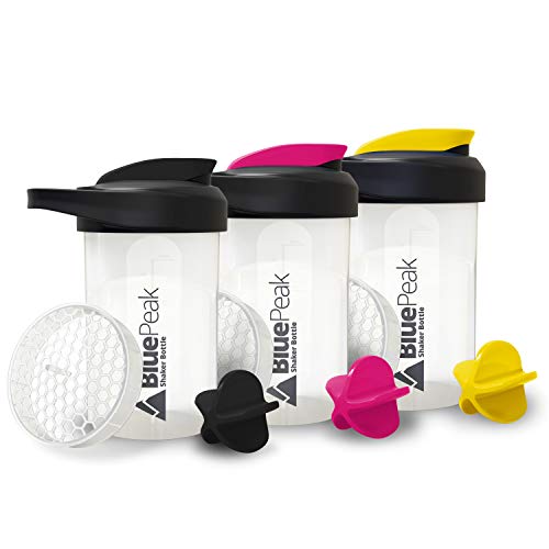 Book Cover BluePeak Protein Shaker Bottle 20-Ounce, with Dual Mixing Technology. BPA Free, Shaker Balls & Mixing Grids Included (Black, Yellow & Pink)
