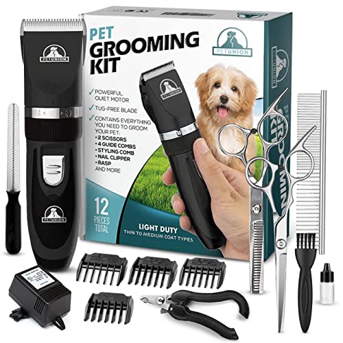 Book Cover Professional Dog Grooming Kit - Cordless Low Noise Dog Clippers for Grooming Thick Coats - All Pet Safe Cat Hair Trimmer - Pet Grooming Kit Includes Dog Hair Clippers, Nail Trimmer & Shears