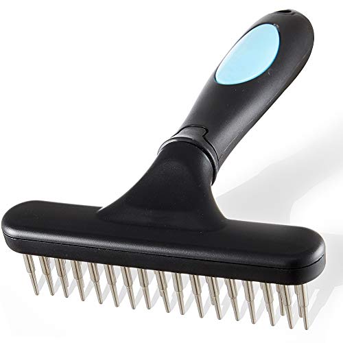 Book Cover Flymoqi Dog Comb - Stainless Steel Deshedding and Dematting Undercoat Rake â€“ for Dogs, Cats and Rabbits â€“ Double Row of Teeth â€“ Reduces Shedding, Removes Mattes and Tangles