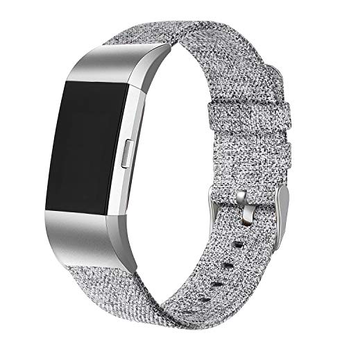Book Cover bayite Canvas Bands Compatible Fitbit Charge 2, Soft Classic Replacement Wristband Straps Women Men, Grey Small