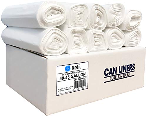 Book Cover Reli. Trash Bags, 40-45 Gallon (250 Count) (Clear) - Regular Thickness - Easy Grab Rolls - Can Liners, Garbage Bags with 40 Gallon (40 Gal) to 45 Gallon (45 Gal) Capacity