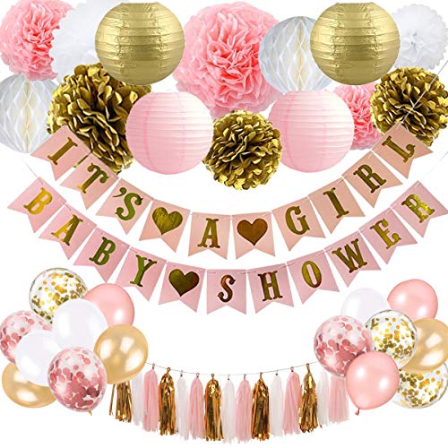 Book Cover Baby Shower Decorations for Girl - Pink and Gold Baby Shower Decoration Itâ€™s A girl & Baby Shower Banner with Paper Lantern Pompoms Flowers Honeycomb Ball Balloons Foil Tassel