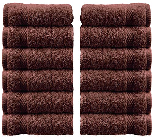 Book Cover White Classic Luxury Cotton Washcloths - Large Hotel Spa Bathroom Face Towel | 12 Pack | Brown