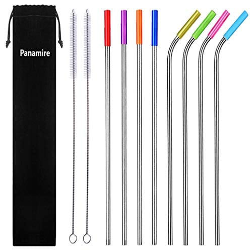 Book Cover Stainless Steel Metal Straws, Reusable Drinking Straws?10.5''?, Drinking Straws Set 8 (4 Straight + 4 Bent + 2 Brushes + 8 Coloful Silicone Tips)