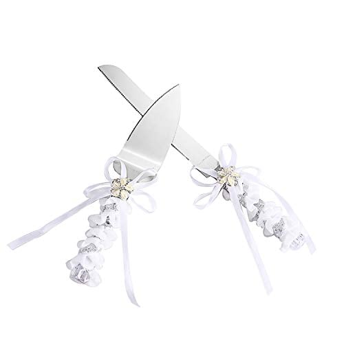 Book Cover TANG SONG Stainless Steel Elegant Wedding Cake Knife and Serving Set Resin Plastic Handle Pearl Flower Shape with Lace Wedding Cake Knife and Shovel