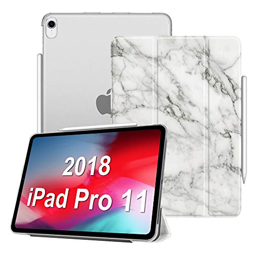 Book Cover Fintie Case for iPad Pro 11 Inch 1st Generation 2018 [Supports 2nd Gen Pencil Charging Mode] - Lightweight SlimShell Cover with Translucent Frosted Back Protector, Auto Wake/Sleep, Marble White