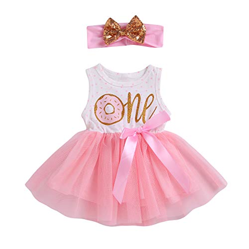 Book Cover 2Pcs Baby Girls Tutu Dress 1st Birthday Long Sleeve Stripe Donut Romper Top Lace Skirt with Headband Outfit Clothes (Pink # Donut, 12-18 Months)