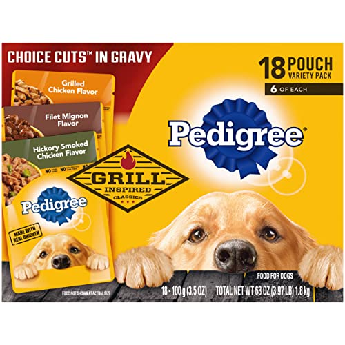 Book Cover PEDIGREE CHOICE CUTS IN GRAVY Grill Inspired Classics Adult Soft Wet Dog Food 18-Count Variety Pack, 3.5 oz Pouches