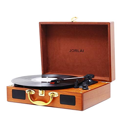 Book Cover JORLAI Vinyl Record Player, 3 Speed Suitcase Turntable with Speakers, Portable LP Vinyl Player Aux-in, Headphone Jack, and RCA Output - Natural Wood
