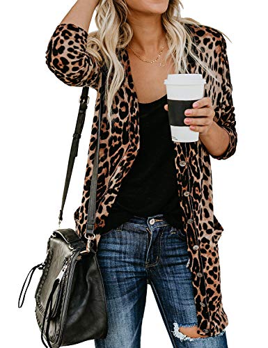 Book Cover Ezcosplay Women Open Front Long Sleeve Leopard Print Long Cardigan Coat Tops