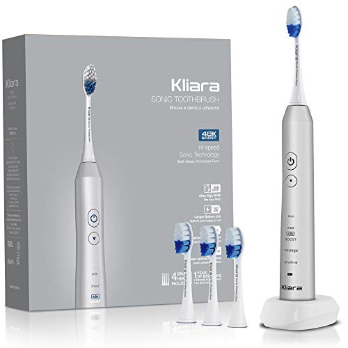 Book Cover Kliara Designer Electric Sonic Toothbrush for Adults | Rechargable & Waterproof | Fastest Motor in the World 48.000 BPM | 40 Days Battery | 4 Replacement Heads for 1 Year of Brushing Included | SILVER
