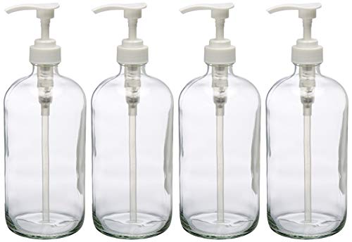 Book Cover kitchentoolz 32-Ounce Large Clear Glass Boston Round Bottles w/Pumps. Great for Lotions, Soaps, Oils, Sauces - Food Safe and Medical Grade (Pack of 4)