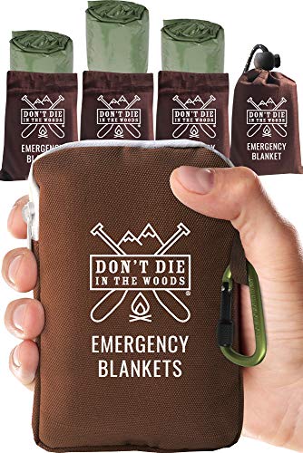 Book Cover Don't Die In The Woods World's Toughest Emergency Blankets | 4 Pack Extra Large Thermal Mylar Foil Space Blanket for Hiking, Marathon Running, First Aid Kits, Outdoor Survival Gear | Green