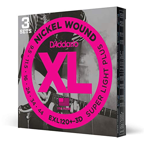 Book Cover D'Addario EXL120+-3D Nickel Wound Electric Guitar Strings, Super Light Plus, 9.5-44, 3 Sets