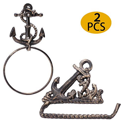 Book Cover Nautical Cast Iron Anchor Rope Towel Ring and Toilet Paper Holder 2 PCS Large 6