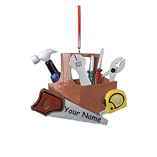 Book Cover Kurt Adler Personalized Handyman Handy Woman Worker Tool Set Hanging Christmas Ornament with Glittered Hammer and Saw Details with Custom Name