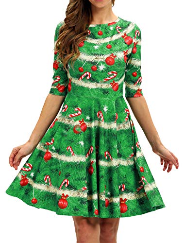 Book Cover BarbedRose Women's 3D Ugly Christmas Print Round Neck Casual Flared Midi Dress