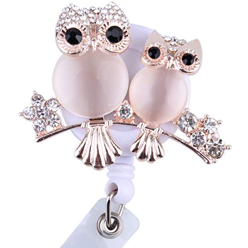 Book Cover Retractable Badge Holder Reel with Swivel Alligator Clip and Bling Cute Owl (Rose Gold)