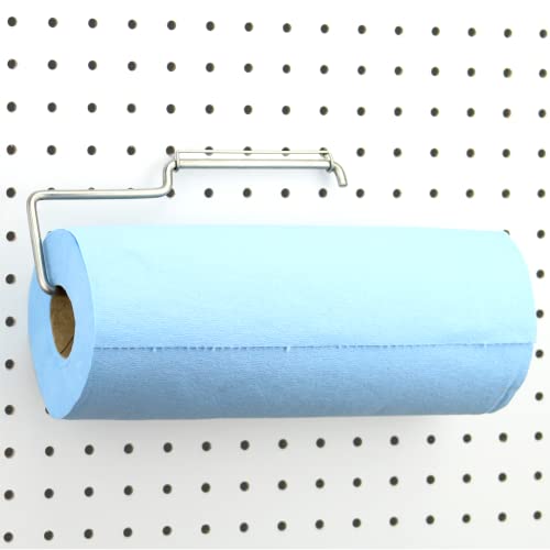 Book Cover RightArrange One-Handed Tear Pegboard Paper Towel Holder - Stainless Steel - Hooks to Any Peg Board - Pegboard Organization Accessory for Tool Shed, Garage, Workbench, Kitchen, Laundry or Craft Room