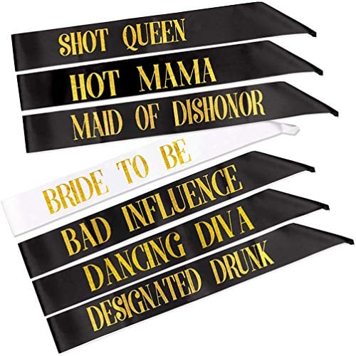 Book Cover 7 Pack Hen Party Sash, 1 White Bride to Be Sash+6 Black Team Bride Tribe Hen Do Sash for Girls Hen Night Out Bridal Shower Wedding Bachelorette Party Accessories