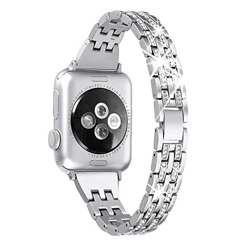 Book Cover Secbolt Bling Bands Compatible with Apple Watch Band 42mm 44mm 45mm Women iWatch SE Series 8 7 6 5 4 3 2 1, Dressy Jewelry Metal Wristband Strap Diamond Rhinestone, Silver