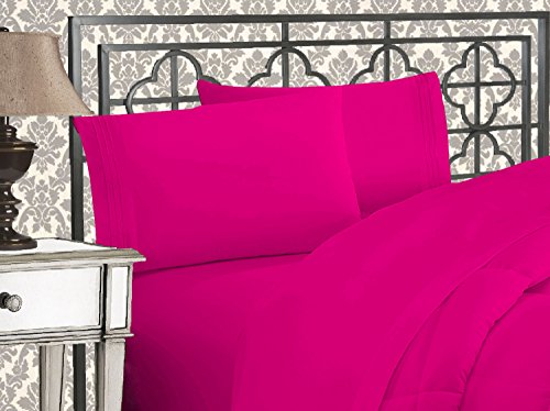 Book Cover Elegant Comfort Luxurious 1500 Thread Count Egyptian Quality Three Line Embroidered Softest Premium Hotel Quality 4-Piece Bed Sheet Set, Wrinkle and Fade Resistant, Queen, Hot Pink