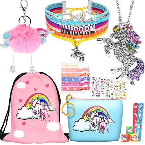 Book Cover Hevout 8 pcs Unicorn Gifts for Girls Teen Necklace Bracelet Jewelry Hair Ties Backpack Slap Bracelet Stickers Keychain Coin Purse Accessories Stuff Party Favors Birthday Gifts Set for Women