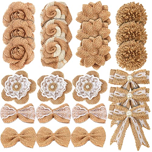 Book Cover LEOBRO 24PCS Burlap Flowers, 8 Styles Natural Handmade Rustic Rose Flower Bowknot with Faux Pearls for DIY Craft Bouquets Home Wedding Christmas Party Decoration