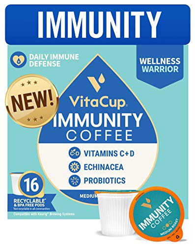 Book Cover VitaCup Immunity Coffee Pods with Echinacea, Probiotics, and Vitamin C & D Infused in Recyclable Single Serve Pod Compatible with K-Cup Brewers Including Keurig 2.0, 16 Count