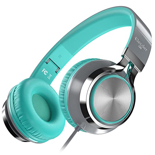 Book Cover ELECDER i39 Headphones with Microphone Foldable Lightweight Adjustable On Ear Headsets with 3.5mm Jack for Cellphones Computer MP3/4 Kindle School (Mint/Gray)