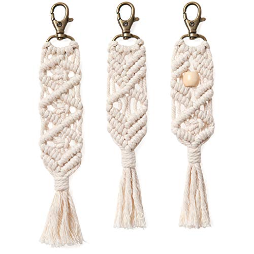 Book Cover Mkono Mini Macrame Keychains Boho Macrame Bag Charms with Tassels Cute Handcrafted Accessories for Car Key Purse Phone Wallet Unique Gift Party Supplies, Natural White, 3 Pack