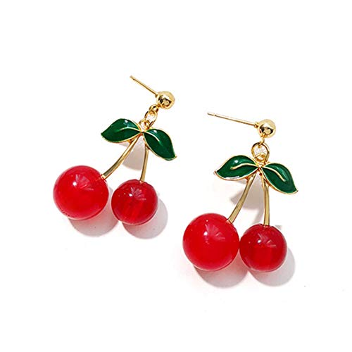 Book Cover 18K Gold Plated Fruit Earring 3D Green Leaf Red Cherry Charm Tassel Drop Stud Earrings