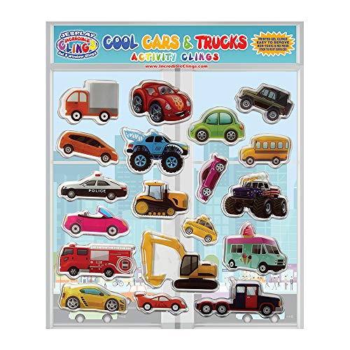 Book Cover Trucks Cars and Construction Vehicles Thick Gel Clings â€“ Reusable Glass Window Clings for Kids - Incredible Gel Decals of Cars, Monster Trucks, Motorcycles - Home, Airplane, Classroom, Nursery