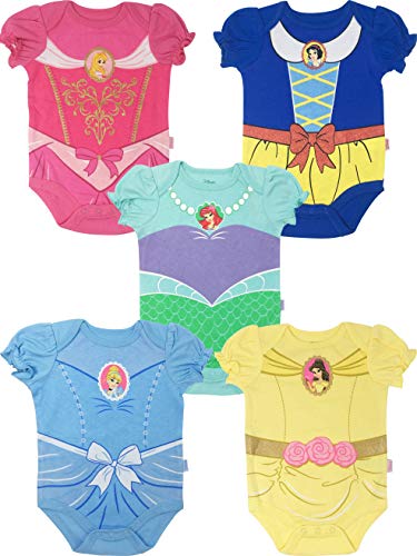 Book Cover Disney Princess Baby Girls' 5 Pack Bodysuits Belle Cinderella Snow White Aurora, 6-9 Months