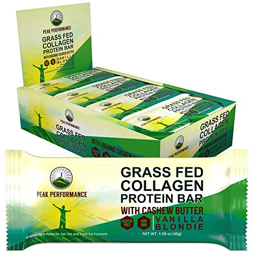 Book Cover Grass Fed Collagen Protein Bar by Peak Performance. Delicious Paleo and Keto Friendly Snack with Organic Cashew Butter. Clean, Non GMO, Gluten Free Vanilla Flavor Bars. A Perfect Primal Treat! 12 Pack