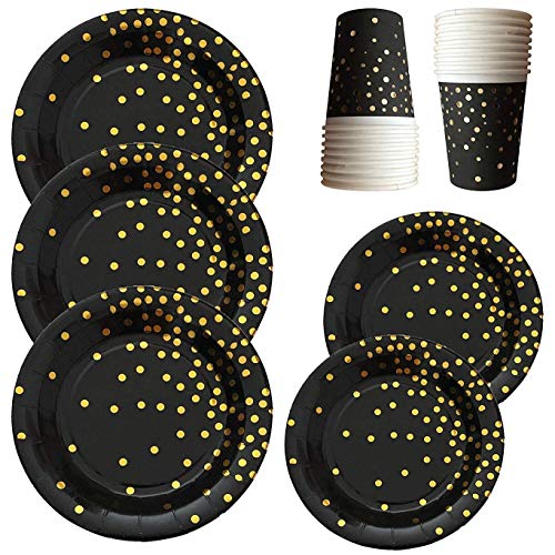 Book Cover Black and Gold Party Supplies - 72-piece 24 Sets Disposable Paper Plates with Gold Foiled Polka Dot Confetti Disposable Dinnerware Plates and Cups Party Set - 9