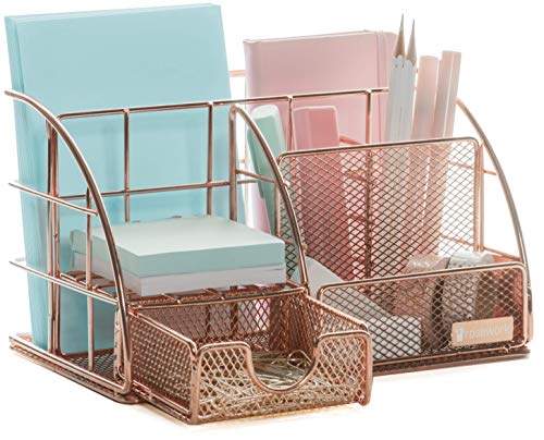 Book Cover Rose Gold Desk Organizer for Women, ROSEWORK Mesh Office Supplies Desk Accessories, Features 5 Compartments + 1 Mini Sliding Drawer