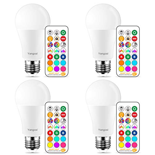 Book Cover Yangcsl LED Light Bulbs 75W Equivalent, RGB Color Changing Light Bulb, 6 Moods - Memory - Sync - Dimmable, A19 E26 Screw Base, Timing Remote Control Included (Pack of 4)
