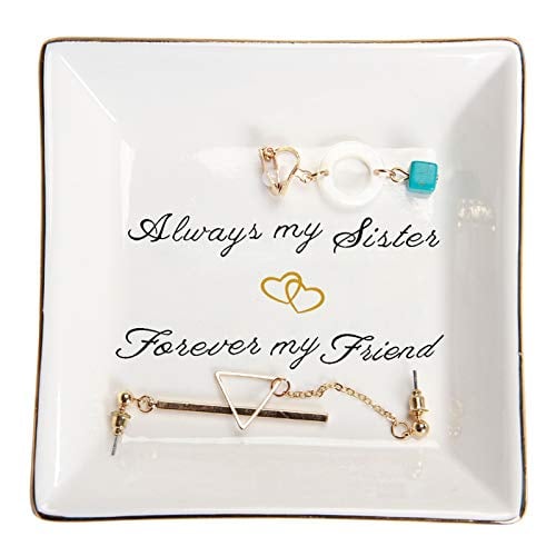 Book Cover HOME SMILE Sister Birthday Gifts Trinket Dish Jewelry Tray -Always My Sister,Forover My Friend,Gifts for Sisters Bestie BFF Her