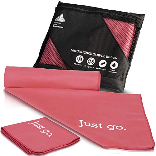 Book Cover 2 Size Towels at the Price of 1 - Quick Dry Microfiber Camping Towel Set - Absorbs More Liquid Than Other Brands - Super Absorbent Travel Friendly Towels - Includes Flat Mesh Carry Bag (PINK)