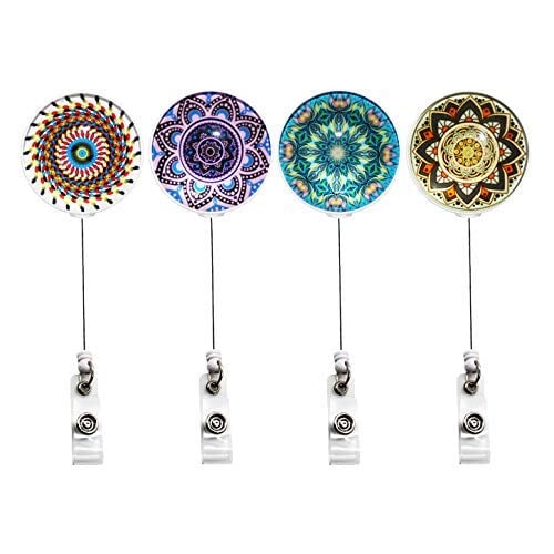 Book Cover YOUKOOD Time Gem Crystal Glass Retractable Badge Holder, ID Badge Reel with Print Pattern 360Â°Alligator Swivel Clip 4 Pack (Kaleidoscope)
