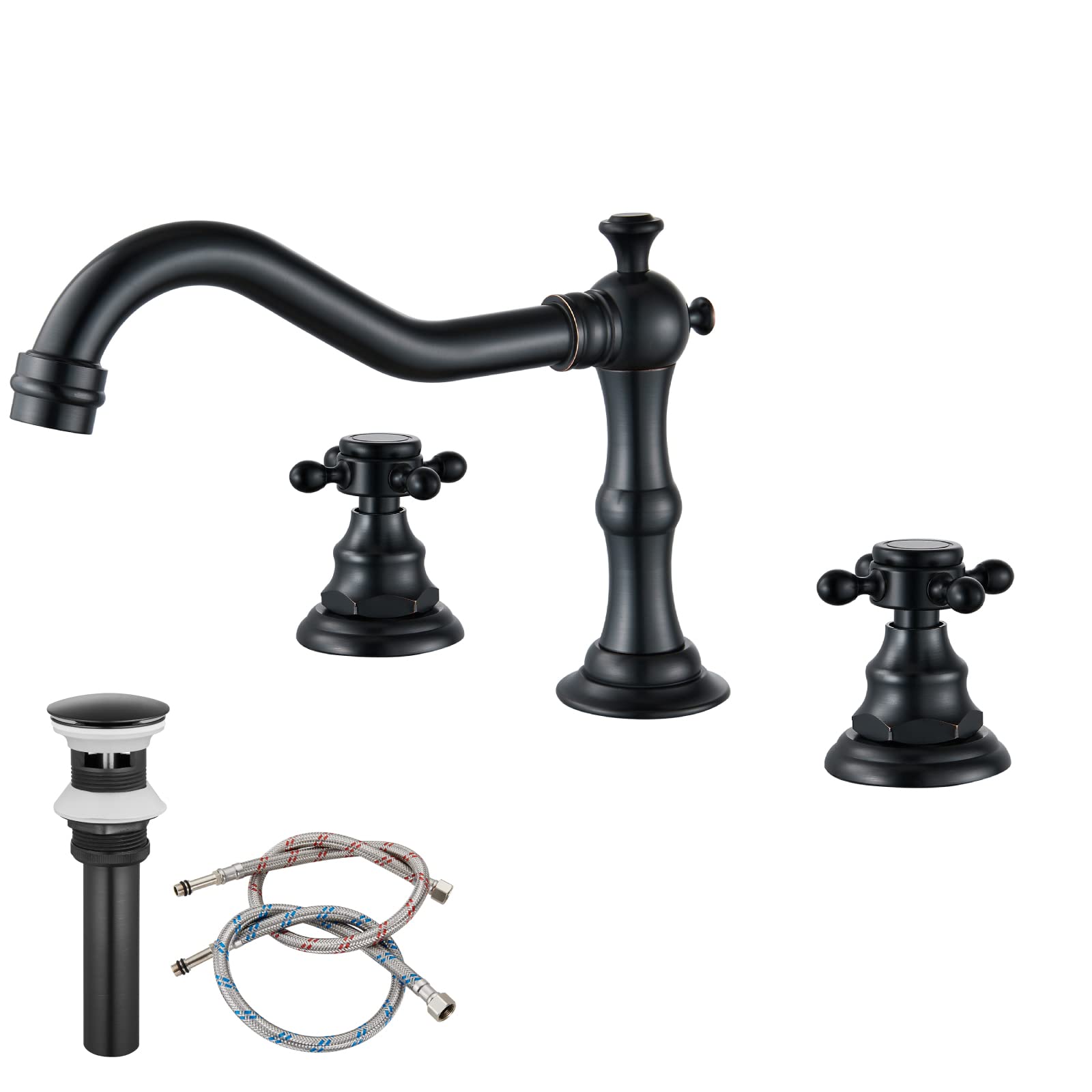 Book Cover Victorian Widespread Deck Mounted Three Holes Double Handles Bathroom Sink Faucet with Matching Pop Up Drain with Overflow,Oil Rubbed Bronze Vintage