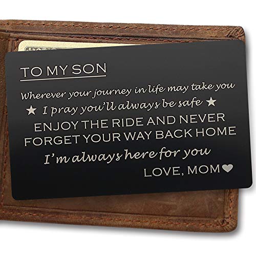 Book Cover Wallet Cards Gift for Son from Mom Engraved Metal Wallet Insert for Son, Mini Love Note - To My Son Gift - Unique Gift to Son from Mother, Graduation Gift, Coming of Age Gift Perfect Son Birthday Gift