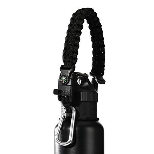 Book Cover QeeLink Paracord Hande Compatible with Hydro Flask Standard Mouth Water Bottle Paracord Carrier with Safety Ring Holder - 12 oz, 18oz, 21 oz, 24 oz (Black)