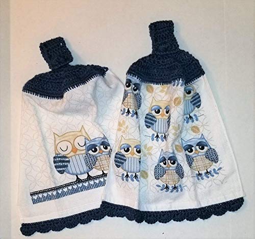 Book Cover Blue Owls Set of 2 Crochet Top Hanging Kitchen Towel with Decorative Bottom Edge