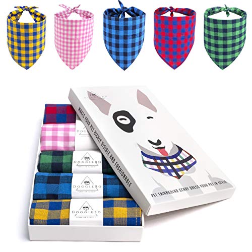 Book Cover Dog Bandana Set with Plaid Printing - 5 Pack Dog Scarf with Unique Print, Washable and Adjustable Dog Bandanas for Small Medium or Large Dogs, Bonus E-Book Train Your Dog on Your Own
