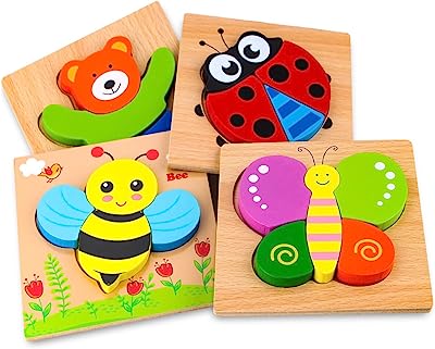 Book Cover SKYFIELD Wooden Animal Jigsaw Puzzles for Toddlers 1 2 3 Years Old, Boys &Girls Educational Toys Gift with 4 Animals Patterns, Bright Vibrant Color Shapes (Animal)