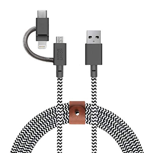 Book Cover Native Union Belt Cable Universal - 6.5ft Ultra-Strong Reinforced [Apple MFi Certified] Durable Charging Cable with 3-in-1 Adaptor for Lightning, USB-C and Micro-USB Devices (Zebra)
