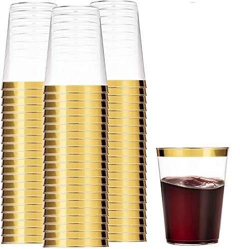 Book Cover Munfix 100 Gold Plastic Cups 10 Oz Clear Plastic Cups Tumblers Gold Rimmed Cups Fancy Disposable Wedding Cups Elegant Party Cups with Gold Rim