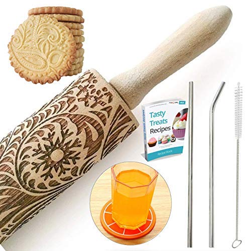 Book Cover Paisley Embossed Rolling Pin - Engraved Rolling Pin for Baking + Bonus - Cute and Lightweight Wooden Rolling Pin for Kids and Adults to Make Cookie Dough - Attractive Professional Cookie Decoration